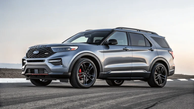 A sleek 2025 Ford Explorer ST in motion, showcasing its redesigned exterior with LED headlights, bold grille, and 20-inch alloy wheels on a scenic road.