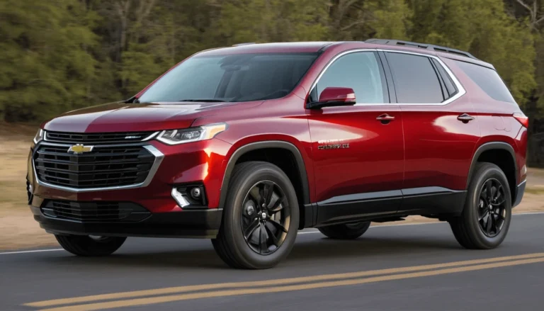 Bold and sporty 2024 Chevrolet Traverse RS parked on a scenic road, showcasing its blacked-out accents, 20-inch alloy wheels, and sleek LED headlights.