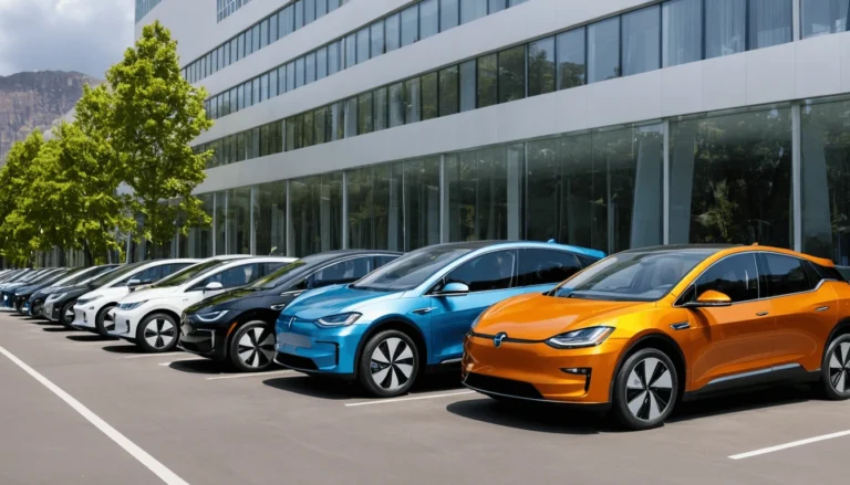 Electric vehicle sales surge amid Trump energy policies, showcasing rows of vibrant EVs parked outside a modern building.