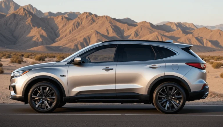 A silver midsize SUV parked on a desert road with mountain scenery in the background, side view. AI-generated image with no visible branding.