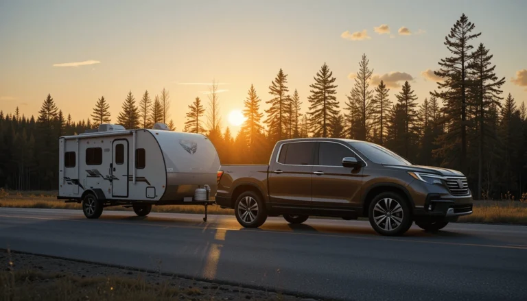 Honda Ridgeline towing a small travel trailer at sunset on a forested highway
