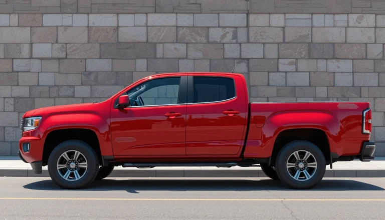 Side view of a modern red midsize pickup truck parked in front of a stone wall