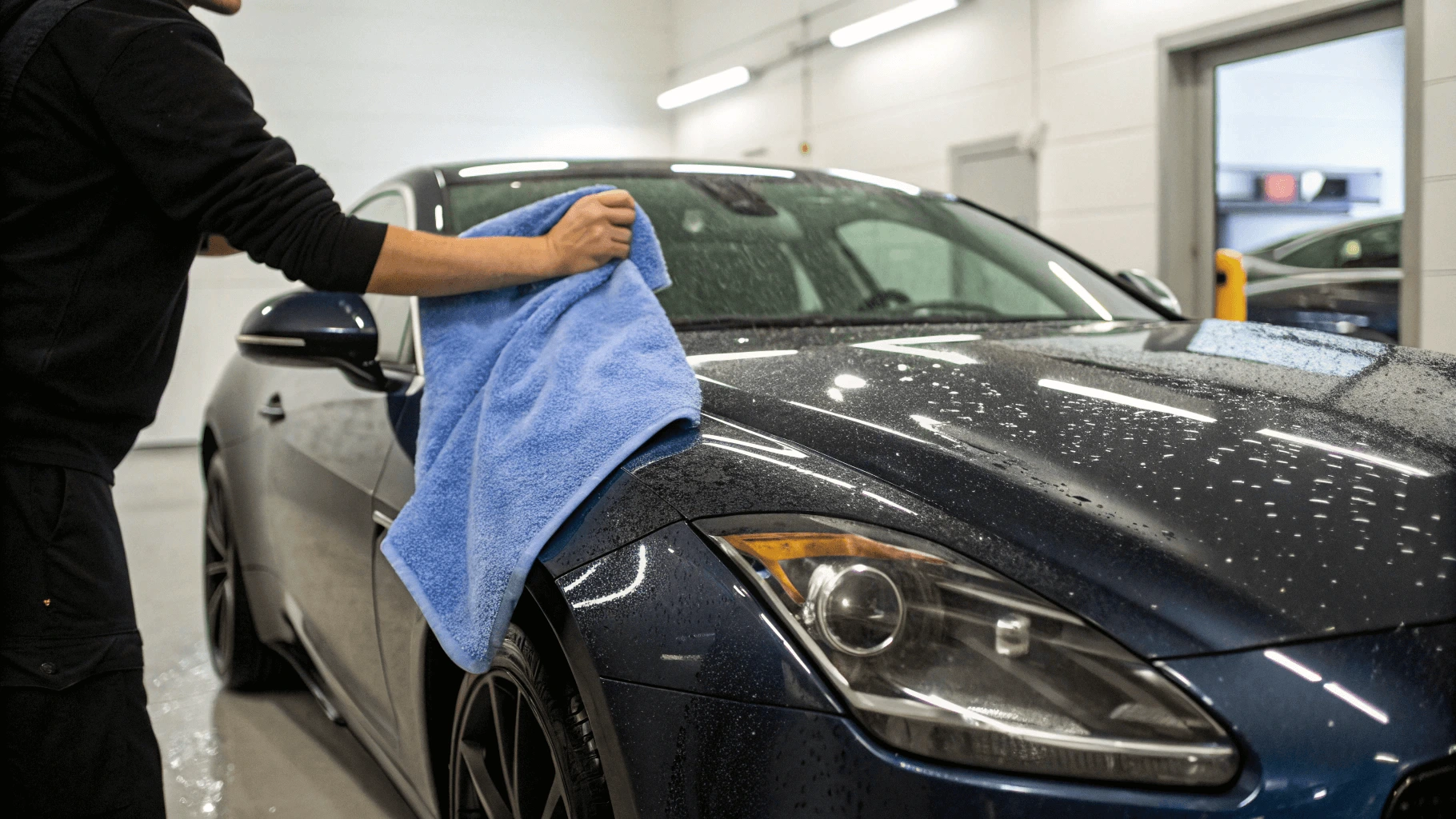 AI-generated image of a freshly washed black car being dried with a large blue microfiber towel in a well-lit indoor car detailing center. The close-up highlights the importance of proper drying techniques to prevent water spots and streaks.