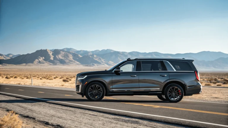 Side view of a futuristic full-size SUV parked on a scenic desert highway with mountains in the background