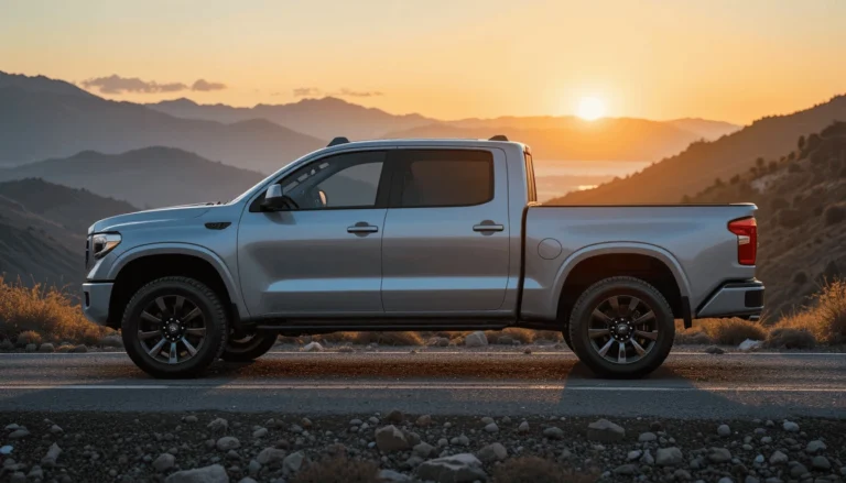Side view of a silver pickup truck at sunset on a mountain road