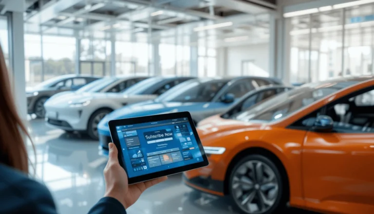Person holding a tablet showing a digital car subscription dashboard in a modern car showroom with electric vehicles lined up.