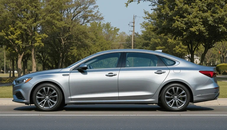 Side profile of a modern midsize sedan in silver color parked on a quiet road.