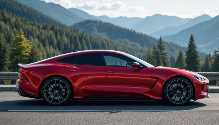 Side view of a futuristic red luxury sport sedan on a scenic mountain road