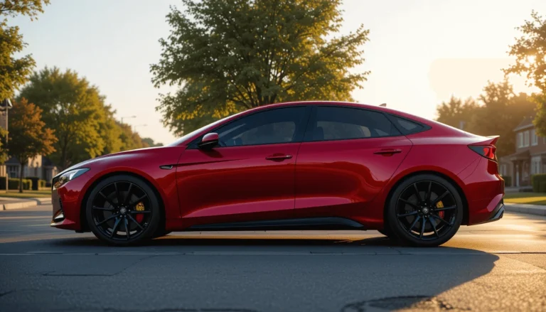 Side profile of a futuristic red compact sedan parked in a suburban neighborhood at sunset