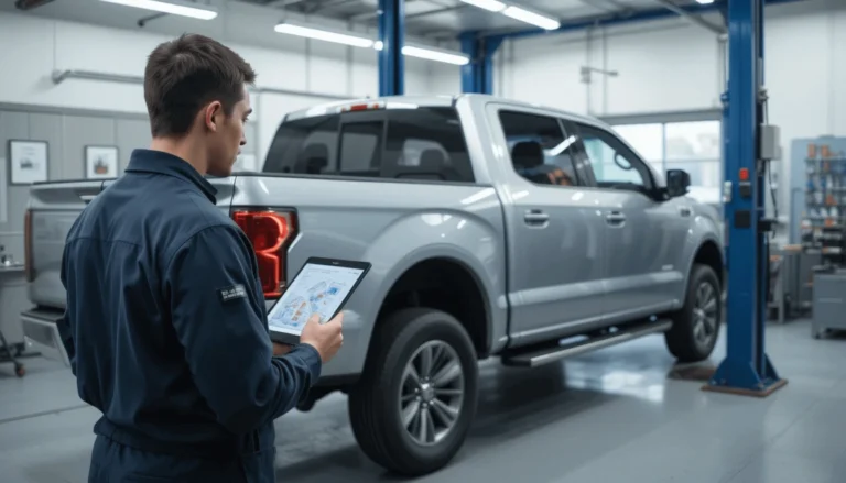 Mechanic inspecting a silver pickup truck with a tablet inside a clean garage