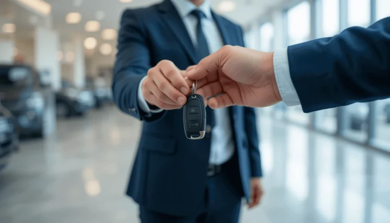 A car key being handed from a salesperson to a customer in a clean dealership