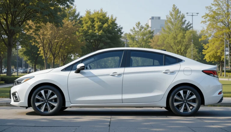 Side view of a modern white compact sedan parked along a tree-lined urban park
