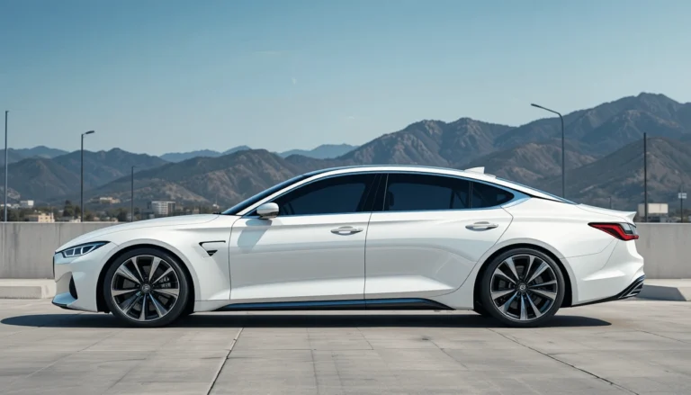 Modern white sedan parked in front of scenic mountain background