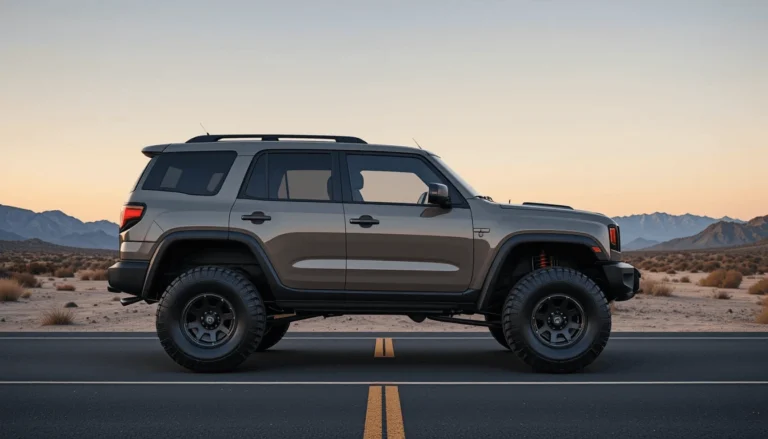 Side view of a rugged off-road SUV driving across a desert highway at sunset