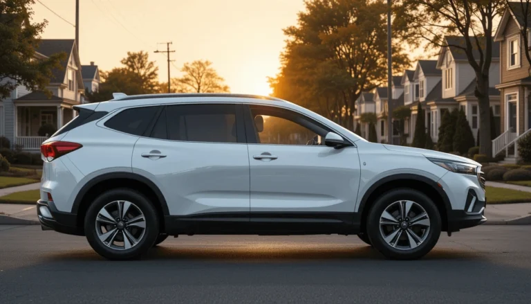 White mid-size SUV parked in a suburban neighborhood at sunset
