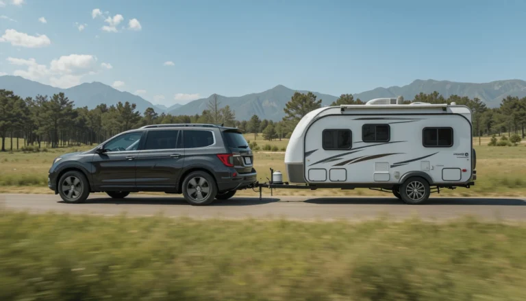 Side view demonstrating Honda Pilot towing capacity with a midsize SUV pulling a travel trailer through scenic countryside